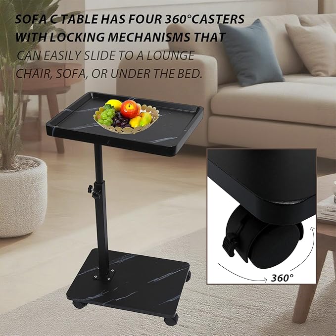 Simcat C Table End Table Adjustable Height, C Shaped Side Table with Wheels, 360° Swivel TV Tray Table, Sofa Side Tables for Small Spaces/Living Room/Bedroom/Bathtub/Hospital
