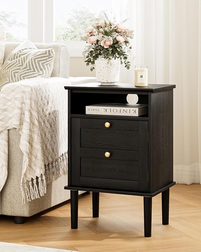 Nightstand, Boho Night Stand with 1 Drawers, Modern Side Accent Table with Open Shelf, Wooden Top Bedside End Table for Bedroom, Living Room, Black