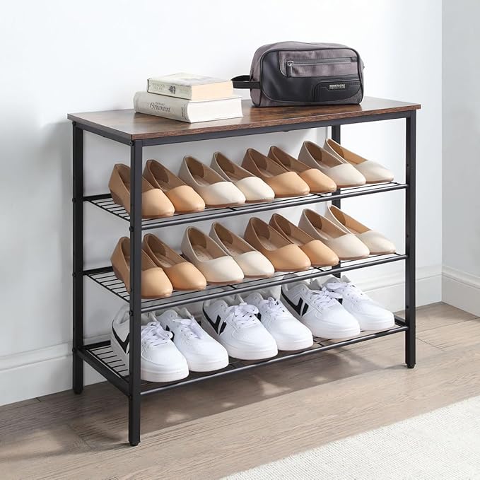4-Tier Shoe Rack Organizer, Metal Mesh Shoe Storage Shelf, for Entryway, Hallway, Closet, Dorm Room, Industrial, Rustic Brown