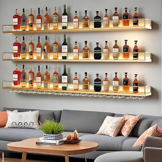 Wall-Mounted Metal Wine Rack with LED Lights 3-Tier Floating Bar Shelves with Wine Glass Rack Large Wine Bottle Display Rack Hanging Shelf, for Home Bar Dining Room Decorative (Gold, 100cm/39.3in)