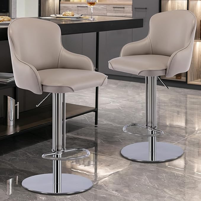 Black Titanium Stainless Steel Bar Stools,Grade Modern Leather Bar Chair with Backrest,Swivel Adjustable Height for Kitchen Counter and Dining Room (Grey Leather-2pcs)