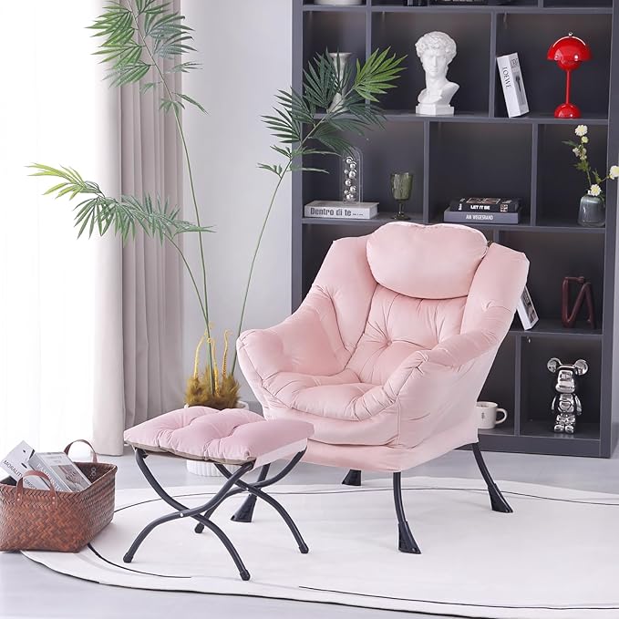 Lazy Chair with Folding Ottoman, Modern Accent Lounge Armchair with Armrests and a Side Pocket & Foldable Footstool, Leisure Reading Chair for Living Room, Bedroom, Dorm & Office, Velvet Pink