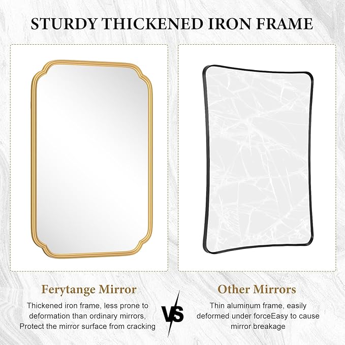 Gold Wall Mirror 48 x 24 Inch Bathroom Vanity Mirror for Over Sink Modern Rounded Corner Rectangle Wall Mirror Decorative with Non-Rusting Iron Metal Framed (Horizontal/Vertical)
