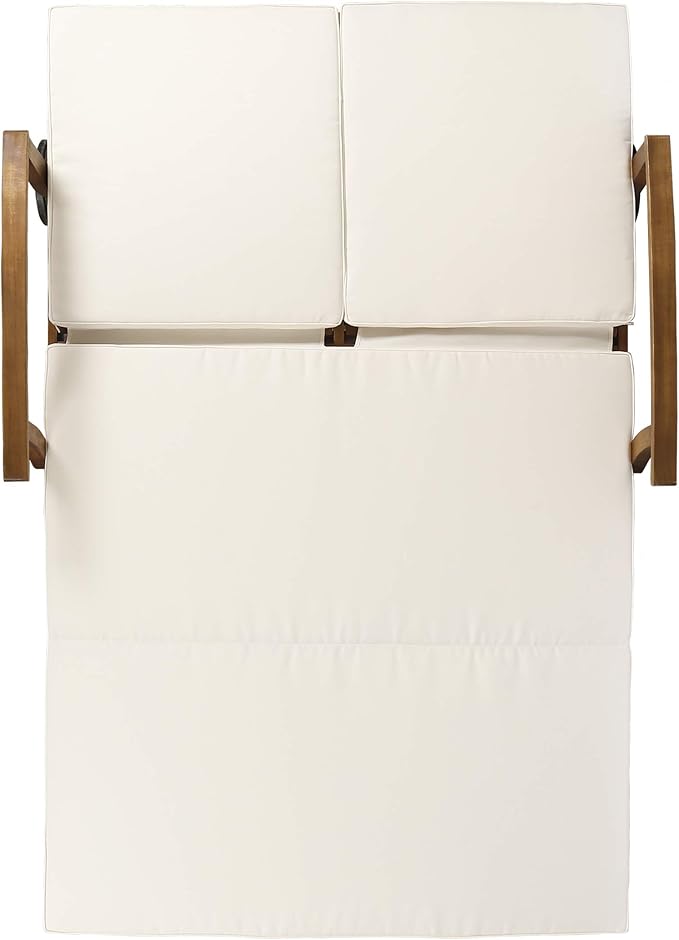 Great Deal Furniture Samantha Double Chaise Lounge for Yard and Patio, Acacia Wood Frame, Teak Finish with Cream Cushions, (307569)