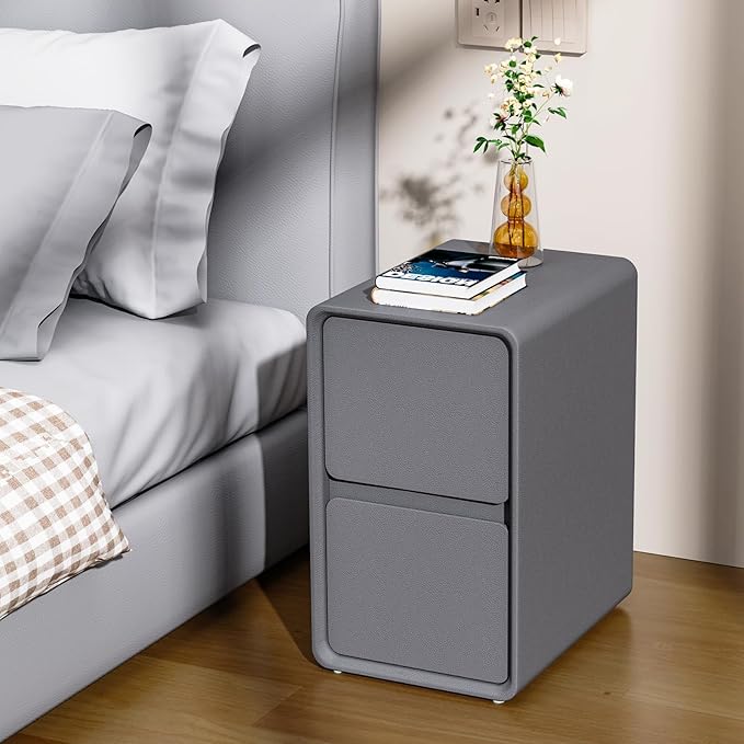 VICITON Modern Narrow Faux Leather Nightstand, Solid Wood Drawer, Storage Accent Table, Small Side End Table for Bedroom (Gray, Nomal(12 inch))