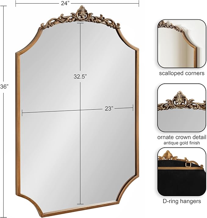 Kate and Laurel Arendahl Ornate Traditional Arched Scallop Mirror; 24 x 36; Antique Gold; Decorative Baroque Style Scalloped Arch Vintage Gold Mirror with Ornamental Crown