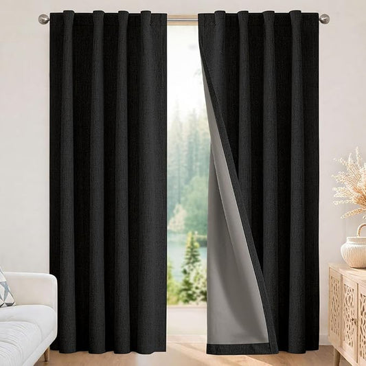 Joydeco 100% Blackout Curtains for Bedroom - Natural Linen Curtains 66"W x 84"L Long, Thermal Insulated 2 Panels Black Light Blocking Drapes, Rod Pocket & Back Tabs, Darkening Privacy for Living Room