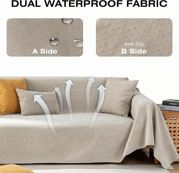 STACYPIK Waterproof Beige Sofa Cushion Covers Dog Couch Cover for 3-4 Cushion Couch Water Resistant Slipcover Furniture Protector Non-Slip Pet Protector Cover Leak Proof Couch Cover-71X134IN