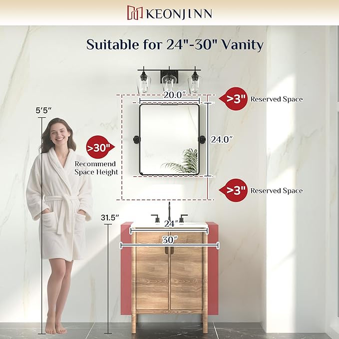 Keonjinn Pivot Mirror Bathroom, 20 x 24 In Beveled Tilt Mirror Bathroom, Matte Black Farmhouse Rectangular Metal Framed Mirrors, Rounded Corner Rectangular Vanity Mirrors for Wall, Horizontal/Vertical