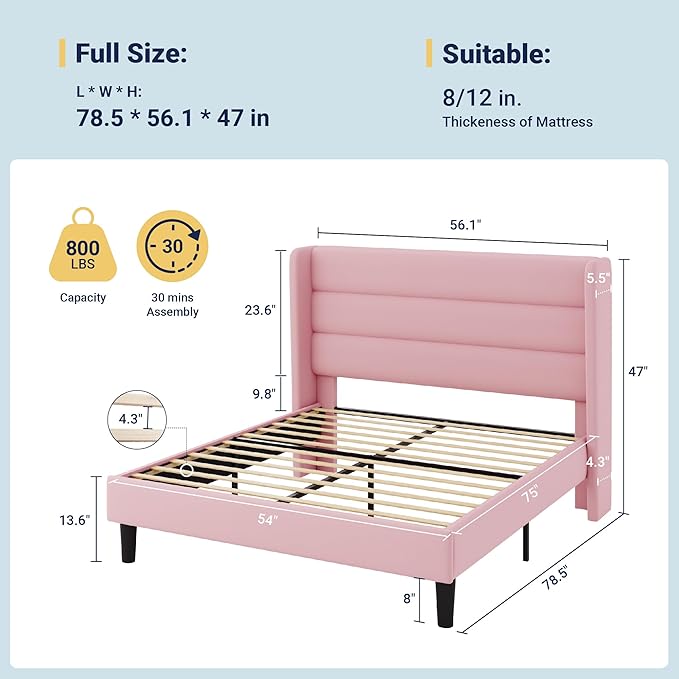 Allewie Full Size Platform Bed Frame with Velvet Upholstered Wingback Headboard, No Box Spring Needed, Under Bed Storage Space, Strong Wooden Slats, Modern Mattress Foundation, Easy Assembly, Pink