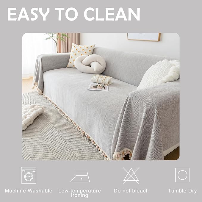 HANDONTIME Grey Sofa Cover for 3 Seat Couch - Boho Couch Cover - Light Grey Tassel Chenille Herringbone Sofa Covers - 91" X150" Sectional Cover