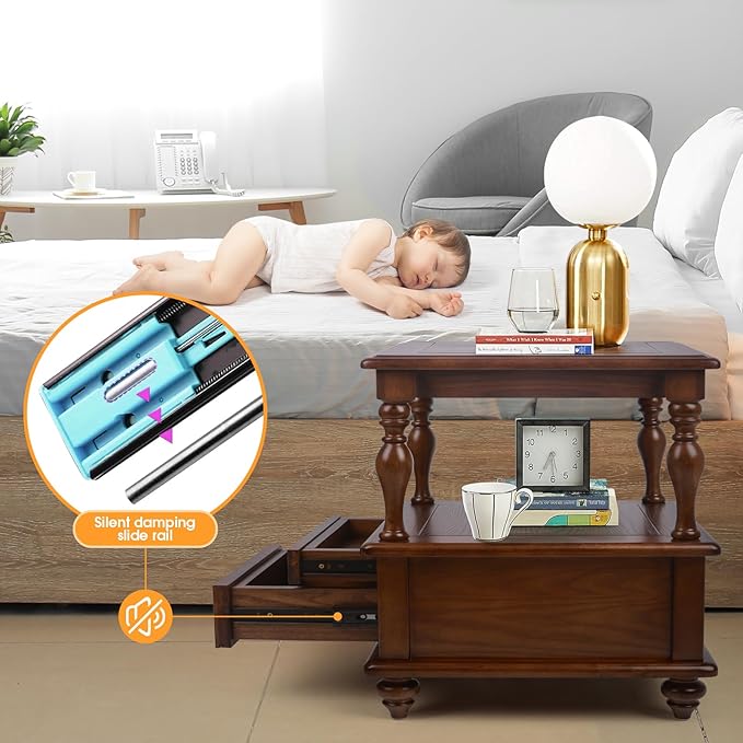 Traditional Square End Table with 1 Drawer and 2 Hidden Compartments for Living Room, 2-Tier Couch Side Table with Storage Shelves for Small Spaces, Solid Wood Nightstand for Bedroom, Walnut