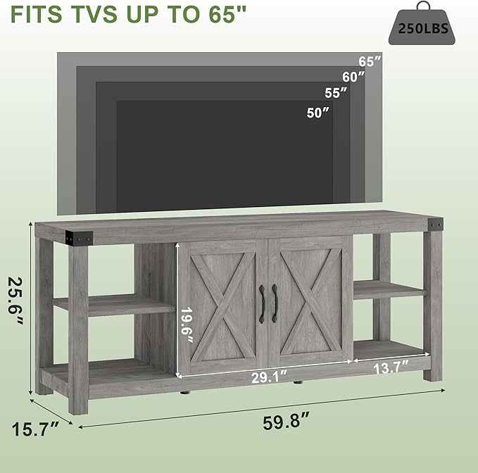 IDEALHOUSE TV Stand for 65 Inch TV, 60 Inch Entertainment Center with Storage, Farmhouse TV Console Table with Shelves,Doors, Modern TV Stand for Living Room, Bedroom - Grey