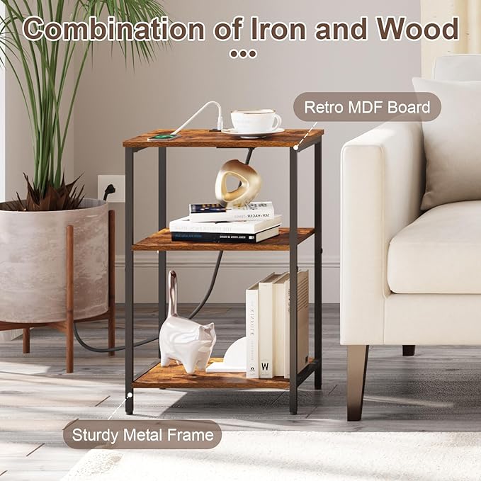 X-cosrack Side Table with Charging Station, End Table with USB Ports and Outlets, Nightstand with Storage Shelves for Small Space, Sofa Couch Table Bedside Table for Living Room Bedroom