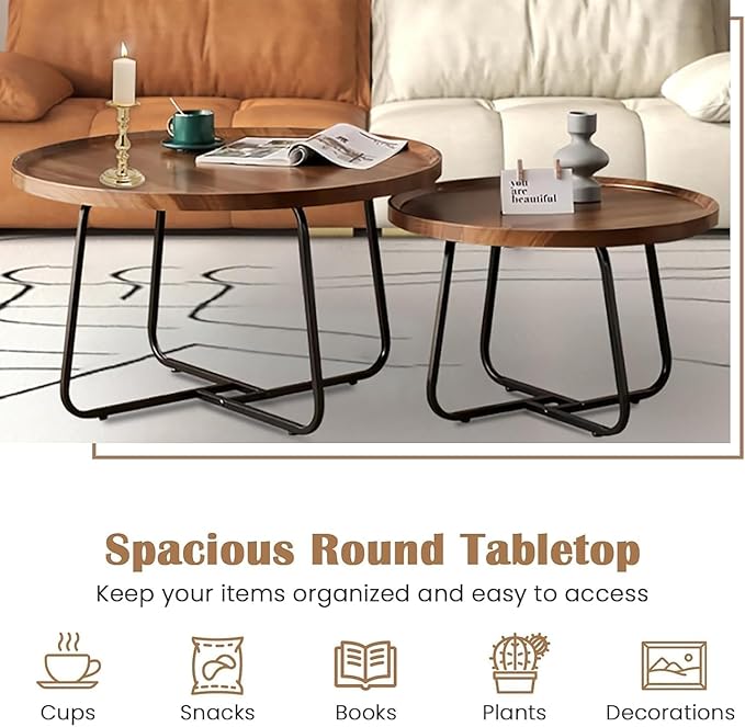 Round Nesting Coffee Table Set of 2, 28" Round Walnut with Fluted,Mid Century Modern,Center for Living Room Bedroom Office Balcony Yard