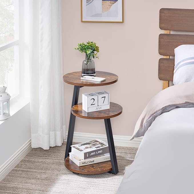 BEWISHOME Round End Table Side Table with Metal Frame, Accent Nightstand Bedside Table with 3-Tier Shelves, Small Couch Coffee Table for Living Room Bedroom Rustic Brown KTZ41Z