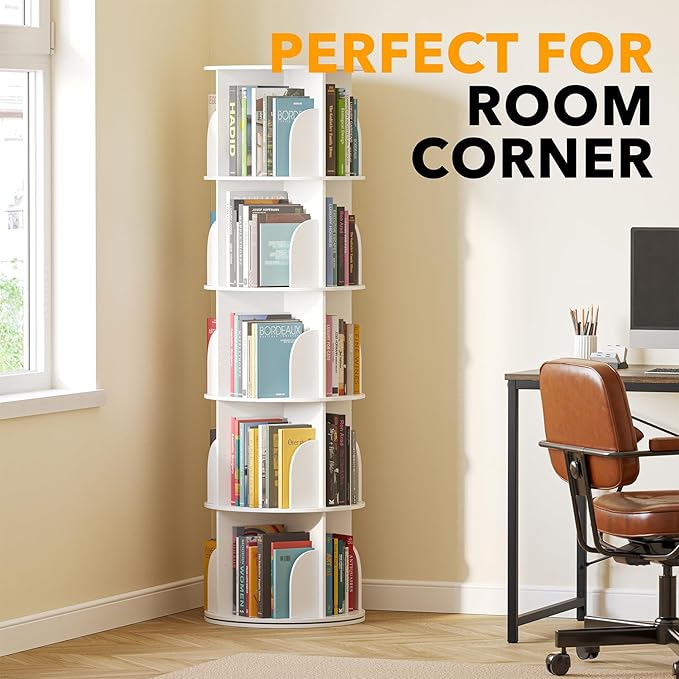 SpaceAid 5 Tier Rotating Bookshelf Tower, Spinning Bookcase Lazy Susan, Revolving 360 Book Shelf Storage Round Carousel, Vertical Rotate Turning Spiral Corner Organizer, White