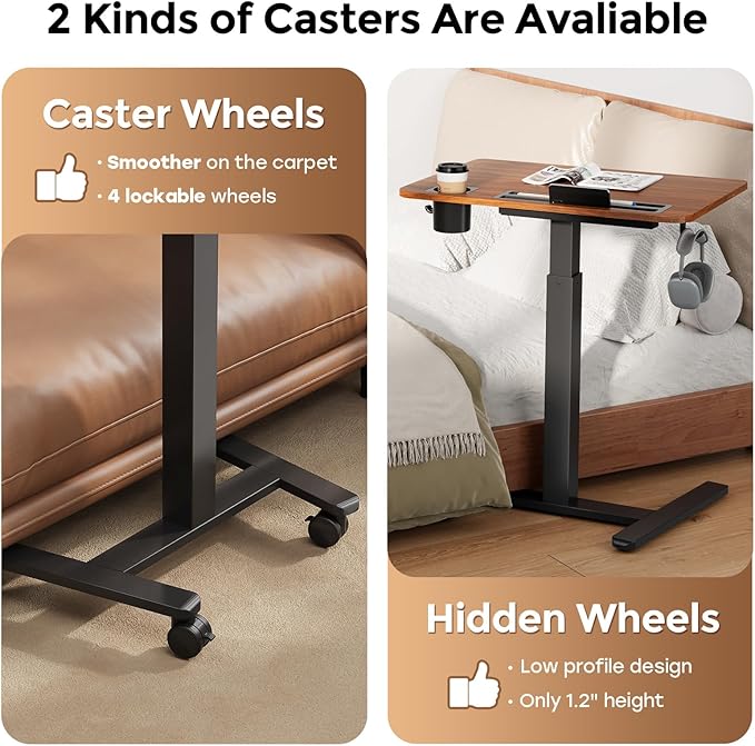 Mobile Standing Desk with Drawer, 28" Rolling Desk with Cup Holder and Hooks, Portable Laptop Workstation on Wheels, Height Adjustable Cart with Storage for Home Office, Dark Wood