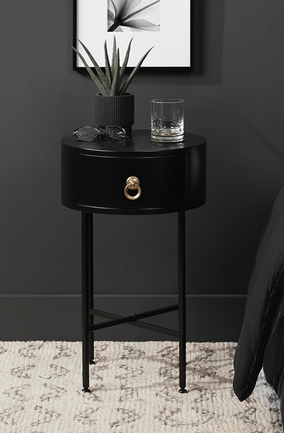 Kate and Laurel Decklyn Decorative Glam Round Side Table, 14 x 14 x 24, Black and Gold, Modern Circle Living Room Table with Pull Drawer for Useful Storage