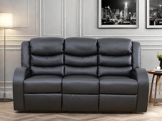 Leather Recliner Sofa Couch, 3-Seater Home Theater Seating Reclining Sofa, Power Reclining Couch with Cup Holders & Drop Down Table for Living Room Furniture Sets, Black