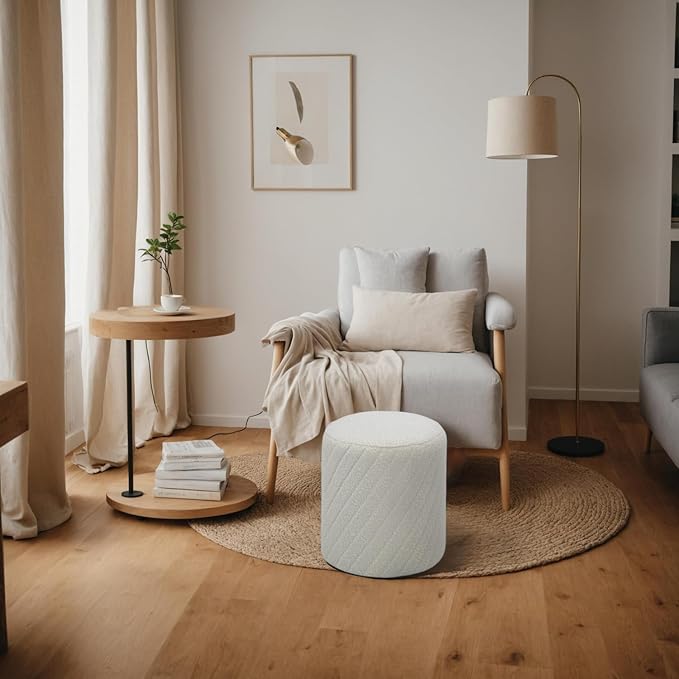 Get Set Style Modern Round Ottoman with Soft Padded Seat, Multifunctional Vanity Chairs for Makeup, Upholstered Footrest Stool Ottoman Foot Stool for Living Room, Bedroom