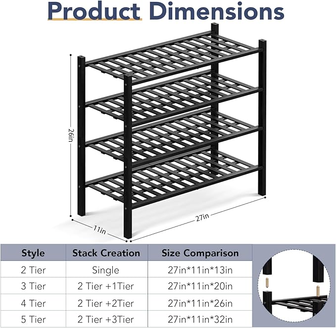 Haddockway 4 Tier Bamboo Shoe Rack Storage Organizer, Multifunctional Free Standing Stackable Shoe Shelf with Grid Panel for Closet,Hallway,Entryway,Small Space 27"x11"x26" (Black, 4 Tier)