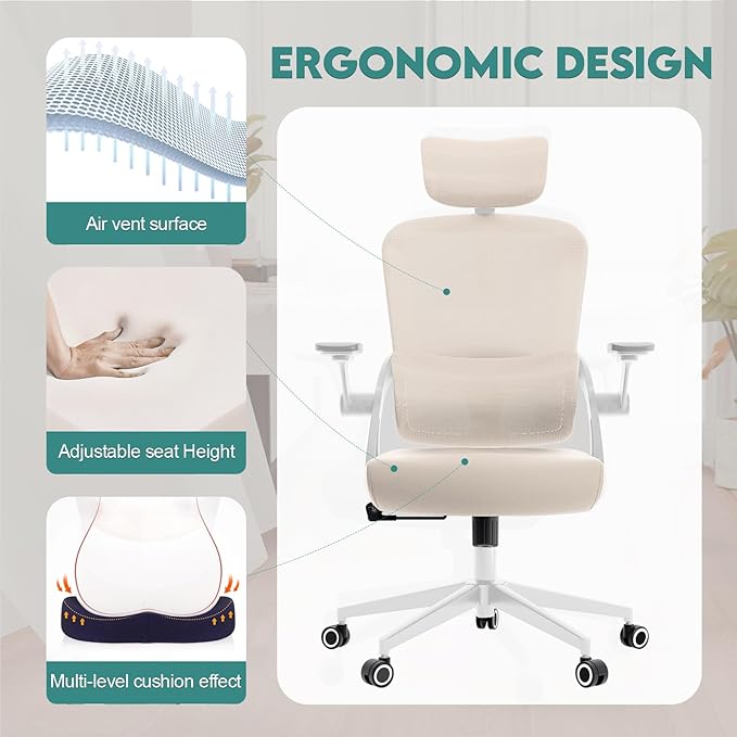 Office Chair Ergonomic Desk Chair with Lumbar Support&Headrest&Flip-up Arms Height Adjustable Rocking Swivel High Back Computer Chair Warm Taupe Mesh Study Chair (05Khaki)