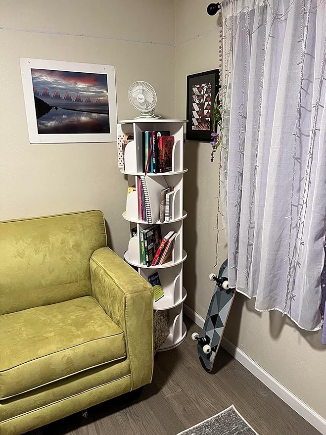5 Tier Rotating Bookshelf Tower, 360 Display Wood Spinning Bookshelf Tower Revolving Bookcase, 360 Book Shelf Storage Round Carousel, Vertical Rotate Turning Spiral Corner Organizer for Bedroom, White