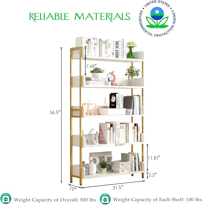 Wide Open Shelf Bookcase - Modern 5-Tier Floor Standing Display Bookshelf with Top Edge for Home and Office, Storage Shelving in Warm White with Gold Frame