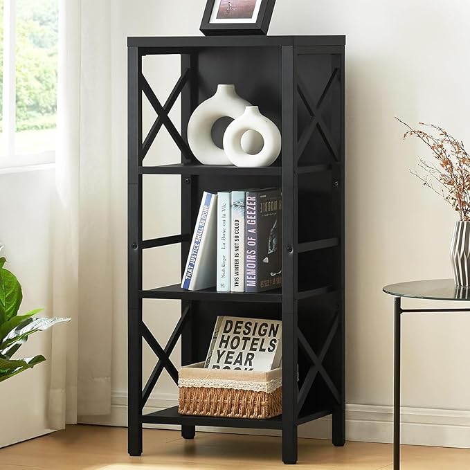 Small Bookshelf,4 Tier Industrial Bookcase with Metal Frame and Backboard,Narrow Black Book Shelf,Office Book case for Small Spaces,Living Room,Bedroom and Home Office