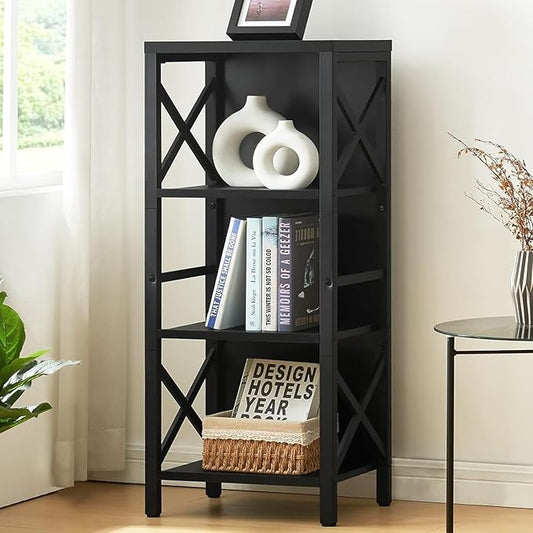 Small Bookshelf,4 Tier Industrial Bookcase with Metal Frame and Backboard,Narrow Black Book Shelf,Office Book case for Small Spaces,Living Room,Bedroom and Home Office