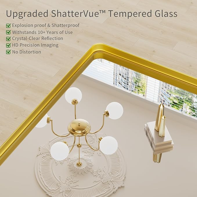 Koonmi Gold Wall Mirror for Bathroom, 30x30 Inch Matte Deep Framed Rounded Rectangle Vanity Mirror for Farmhouse Living Room, Tempered Glass, Anti-Rust, Vertically or Horizontally
