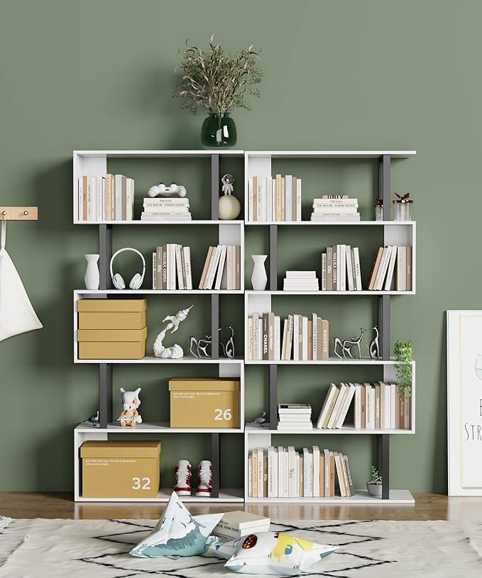Gadroad 5 Tier Geometric Bookcase,S Shaped Bookshelf, Wood Decorative Storage Shelving, Modern Freestanding Display Shelves, Tall Book Shelf Unit for Living Room Bedroom, White