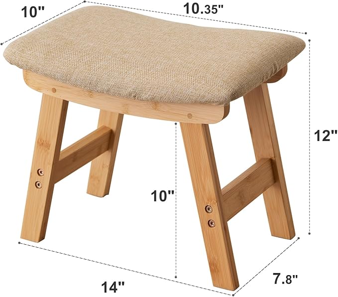 Foot Stool,Ottoman,Bamboo Small Sofa Foot Rest Under Desk,Extra Seating for Living Room, Bedroom and Kitchen (Natural Stool Legs - Beige Surface)
