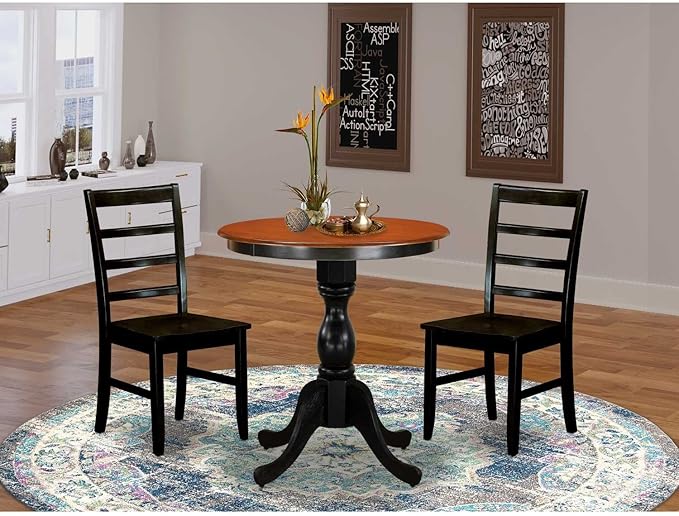 East West Furniture ESVA3-BCH-C 3 Piece Kitchen Table Set for Small Spaces Contains a Round Dining Room Table with Pedestal and 2 Linen Fabric Upholstered Chairs, 30x30 Inch, Black & Cherry