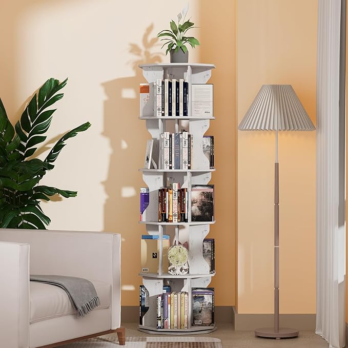 Rotating Bookshelf, 5 Tier Spinning Bookshelf Tower, Corner Revolving Storage Rack for Bedroom, Study Room, Kids Room, Living Room, Office (White, 5 Tier)