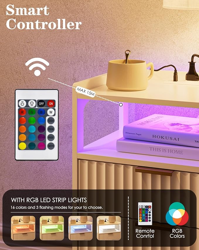 Nightstand with Charging Station and LED Lights,Modern Bedside Table with 2Drawer and Open Shelf,White Night Stand with Solid Wood Legs,End Table for Living Room、Bedroom and Small Spaces