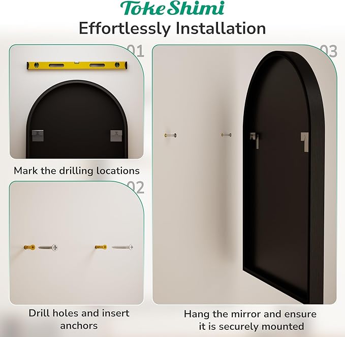 TokeShimi 26x38 Black Arched Mirror Bathroom with Tempered Glass,Aluminum Frame,Arched Wall Mirror for Bathroom,Bedroom,Entryway
