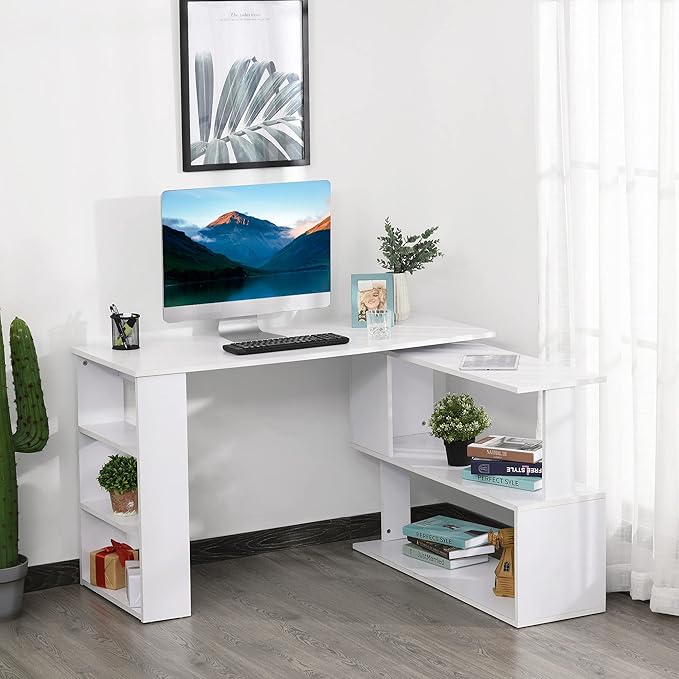 HOMCOM L Shaped Desk, Corner Computer Desk, 360 Degree Rotating Home Office Desk with Storage Shelves, Writing Table Workstation, White
