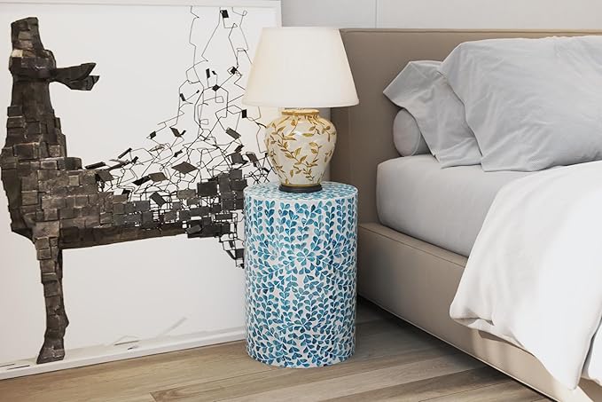PEMAR Mother of Pearl Inlaid Cylinder Drum End Table Nacre Capiz Shell Side Table Stool Round Coffee Bedside Accent Nightstand and Vanity Stool (Teal Floral)