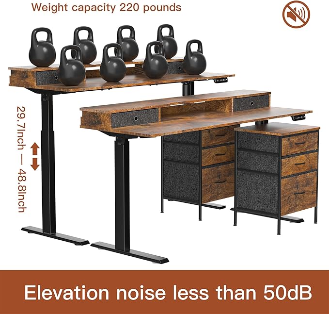 63 Inch Electric Standing Desk with Cabinet & Drawers, Height Adjustable Sit Stand Desk with Monitor Shelf, Smart Home Office Standing Computer Desk, Rustic Brown