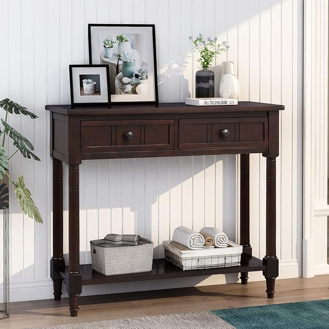 Merax Modern Wood Narrow Console Table for Entryway Hallway Front Door SideTable with Drawers and Bottom Shelf Espresso