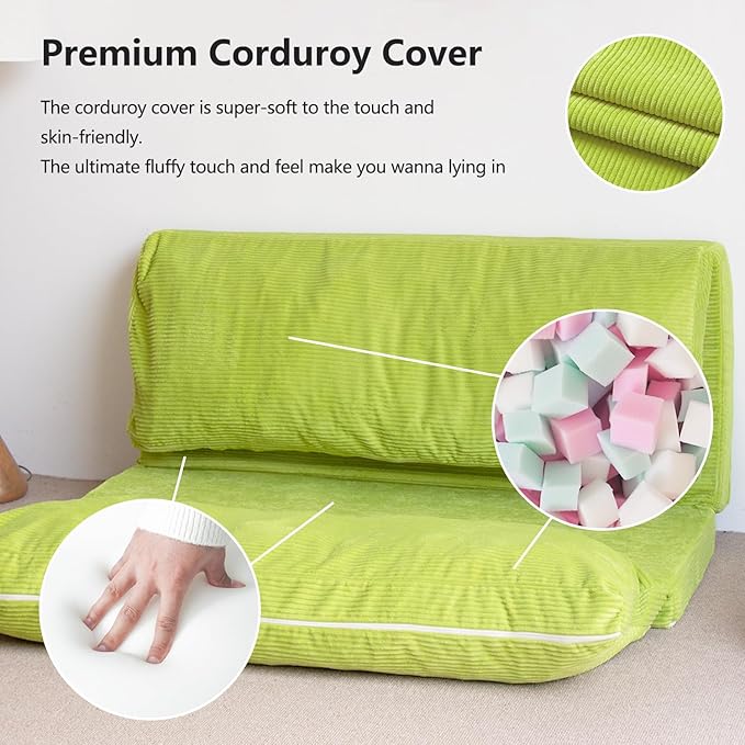 N&V L92×W58 Inch Large Folding Matress Sofa Bean Bag, Foam Filling Folding Matress Sofa, Includes Removable and Machine Washable Cover Patent No.: US D1,018,079 S (Lime, Large Corduoy), 94024