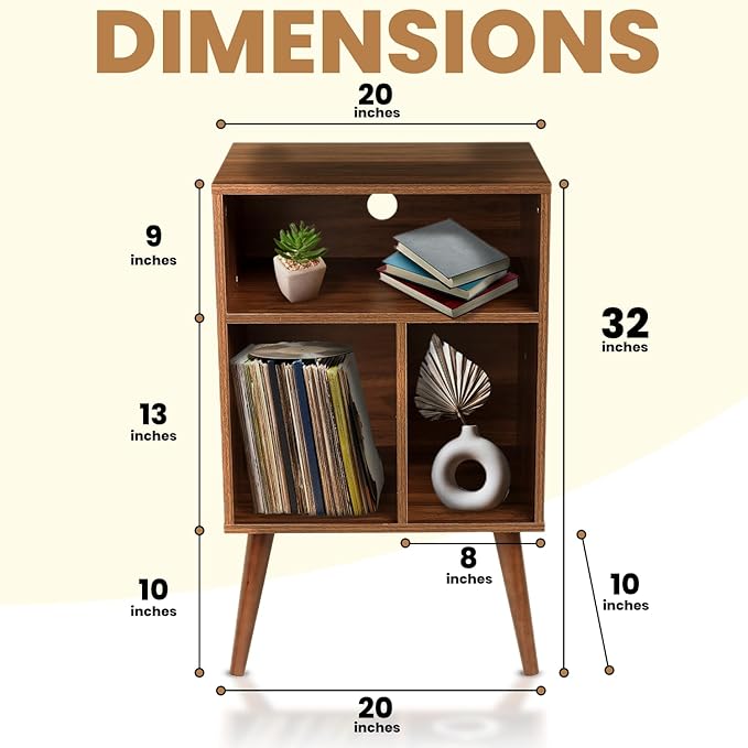Record Player Table – 20 x 15.75 x 32 Inches- Vintage Decor Side Table with Wood Legs, Record Holder Stand - Walnut Finish Retro Furniture Storage Cabinet for Living Room, Bedroom, Kitchen
