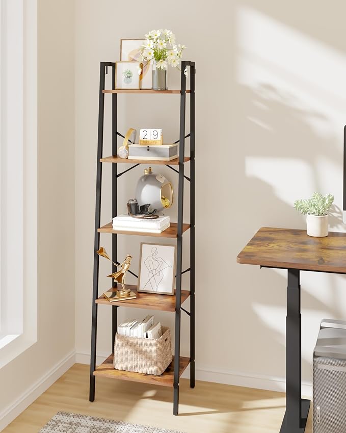 Ladder Shelf, Bookshelf Bookcase, Freestanding Corner Storage Shelve with 2 Hooks for Home Office, Living Room, Kitchen, Bedroom, Industrial, 5-Tier Rustic Brown BC19201B