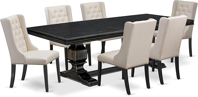NKFO7-SBB-01-7-Piece Dining Set Consists of a Dining Table and 6 Cream Linen Fabric Kitchen Chairs & Black Legs with Button Tufted Back - Sand Blasting Black Finish.