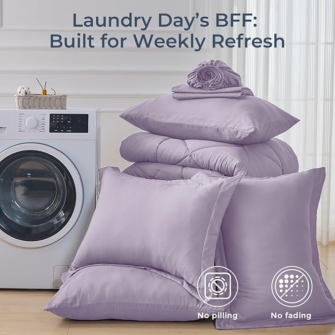 HEVUMYI King Purple Comforter Set - 7-Piece All Season Bed in a Bag King, Ultra Soft Bedding Set with Comforter, Flat Sheet, Fitted Sheet, Pillowcases, Pillow Shams, Lavender Purple