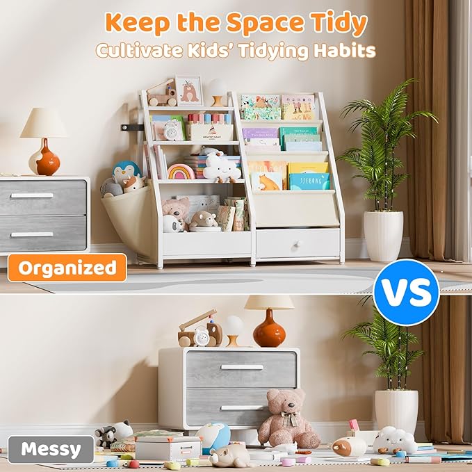 Kids Bookshelf and Toy Storage - Kids Book Shelf for Kids Rooms, Toddler Bookshelf Baby Bookcase for Nursery, Montessori Toy Organizer, White