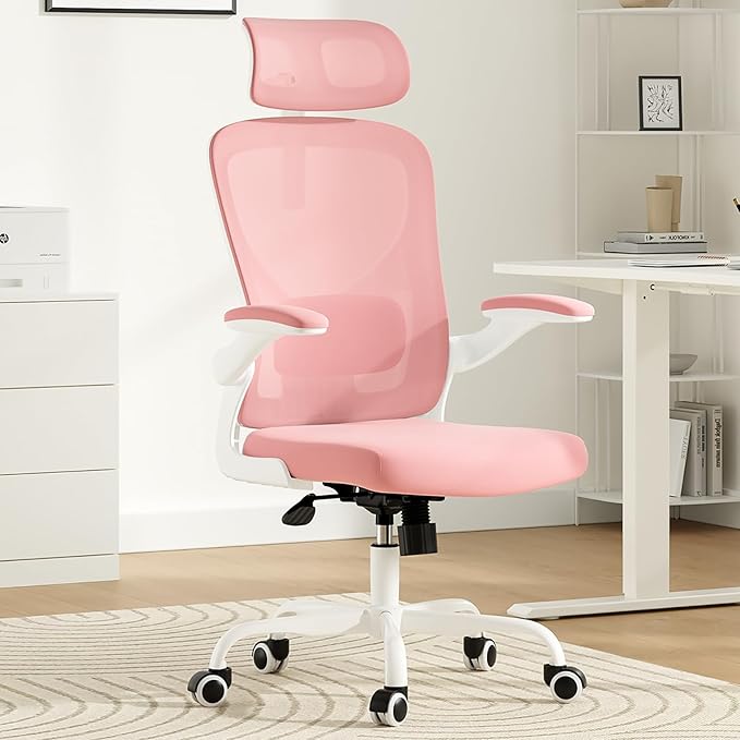 Ergonomic Office Chair, Comfy Home Office Chair High Back Computer Chair with Headrest, Adjustable Back Support, Flip-Up Arms, 90-120° Tilt and Wide Cushion, Up to 300lbs, Pink+White