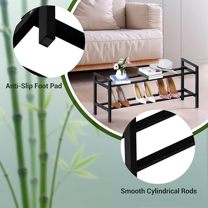 Haddockway Bamboo Shoe Rack for Closet, Free Standing Shoe Organizer with Smooth Round Rods & Convenient Handles, Stackable Shoe Storage Shelf for Entryway, Hallway(Black, 2-Tier)